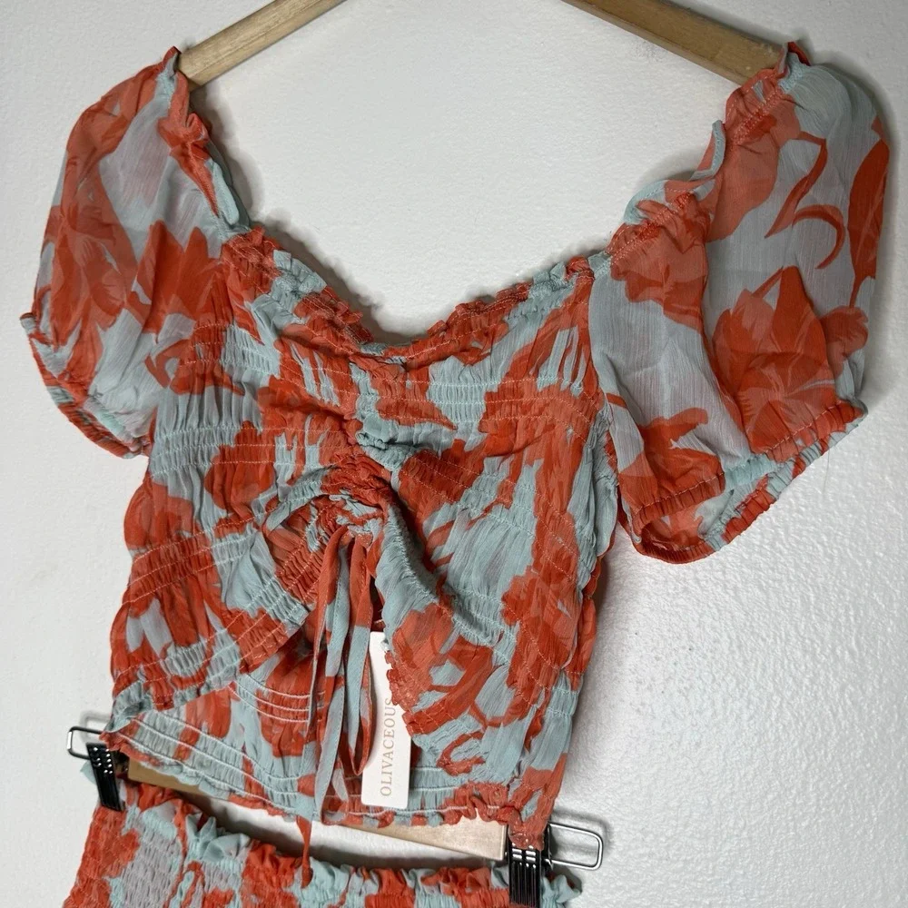 New Olivaceous Coral Blue Tiered Ruffle Skirt Smocked Top Set Womens Small